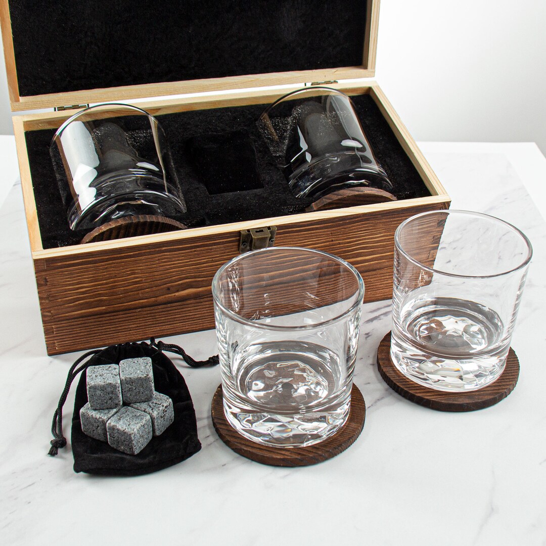 Barware Set Whiskey Glass Set in Wood Gift Box - Gift for Husband ...