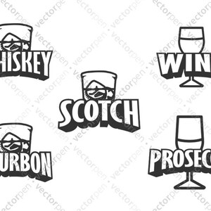 May include: Black and white illustrations of different types of alcoholic beverages, including whiskey, wine, scotch, bourbon, and prosecco.