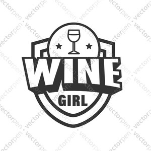 May include: Black and white logo featuring a wine glass and the text "WINE GIRL" within a shield shape.