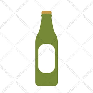 May include: A green glass bottle with a gold cap and a white label. The bottle is empty and has a rounded shape.