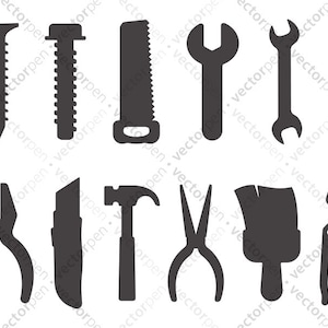 Ícones de ferramentas SVG. 12 ícones de ferramentas (parafusos, martelo, serra, chave inglesa, alicate, etc.) para projetos de Scrapbooking, Cricut e Vinly. Download digital