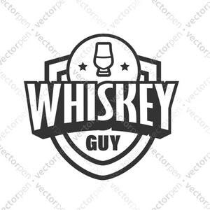 Puede incluir: Logotipo en blanco y negro con forma de escudo y el texto "Whiskey Guy" en su interior. Un pequeño vaso de whisky se representa encima del texto.