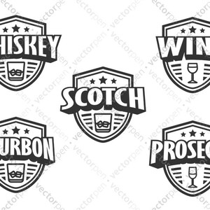 May include: Black and white illustrations of six different types of alcoholic beverages: whiskey, wine, scotch, bourbon, prosecco, and a generic drink. Each illustration features a shield-shaped design with the name of the beverage in bold letters and a stylised glass of the beverage.