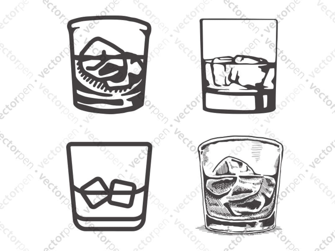 Whiskey Glass Icon Collection. Custom Clip Art in 4 Styles of Whiskey