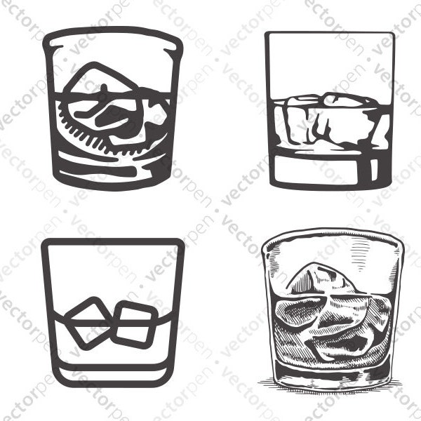 Whiskey Glass Icon Collection. Custom Clip art in 4 styles of Whiskey glasses. For scrapbooking, designs, art, etc. Digital Download