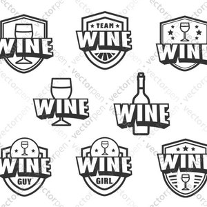 May include: Nine black and white illustrations of wine bottle and glass logos. The logos feature the word "Wine" in a bold font with various design elements, including stars, a wine glass, and a bottle of wine.