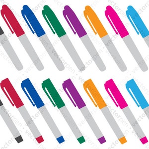 May include: A set of twenty markers in various colors, including black, red, blue, green, purple, orange, pink, and light blue. The markers are arranged in two rows of ten, with the tips facing the viewer.