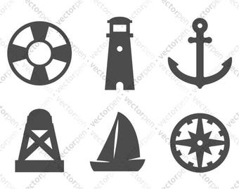 Boat, Nautical and Beach SVG Icon Pack. Lighthouse, Anchor, Sailboat, Compass, etc for Scrapbooking, Cricut, & Silhouette. Digital Download