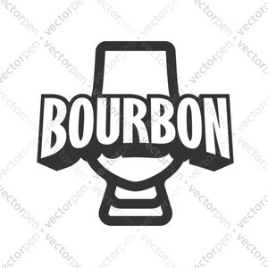 May include: Black and white illustration of a glass of bourbon with the word "BOURBON" in a bold, white font.