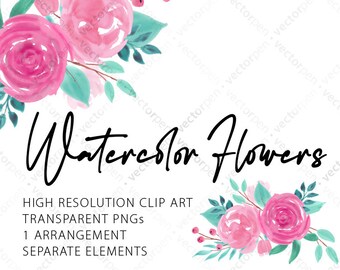 Watercolor Floral Bouquet Arrangement PNG | Hi-Res Flower Clip Art and Sublimation Files | Digital Download