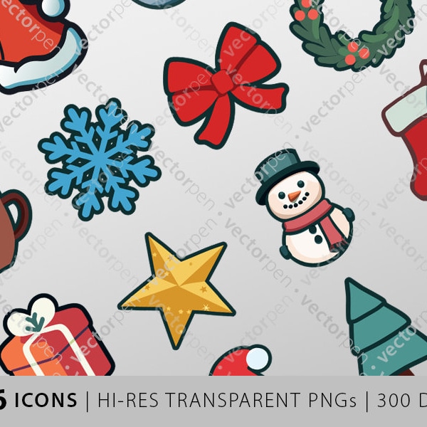 Colorful Christmas Icon Pack | 16 PNG Icons | Sublimation or Printing Files | High Quality PNG Clip Art | Digital Download