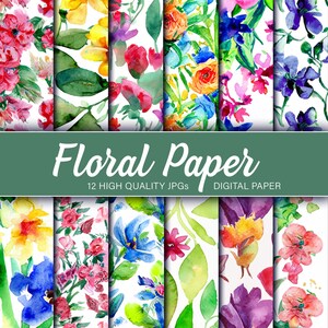 May include: A set of 12 digital papers featuring watercolor floral patterns. The patterns include various flowers, leaves, and stems in shades of pink, blue, yellow, and green. The papers are perfect for crafting, scrapbooking, and digital design projects.