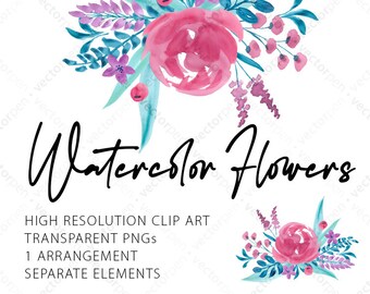 Watercolor Floral Bouquet Arrangement PNG | Hi-Res Flower Clip Art and Sublimation Files | Digital Download