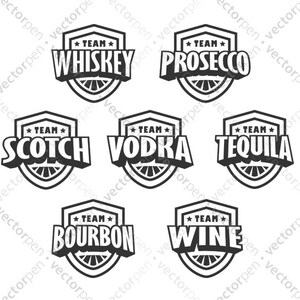 May include: Black and white graphic design of nine shield-shaped logos with the text "Team" and different types of alcohol: Whiskey, Prosecco, Scotch, Vodka, Tequila, Bourbon, and Wine.