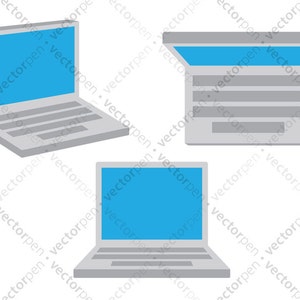 Könnte beinhalten: Drei graue Laptops mit blauen Bildschirmen. Die Laptops befinden sich in verschiedenen Positionen, einer ist geöffnet, einer ist geschlossen und einer ist teilweise geöffnet.