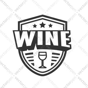 May include: Black and white logo featuring a shield shape with the word "WINE" in bold lettering. Three stars are positioned above the word, and a wine glass is depicted within the shield.