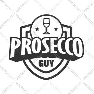May include: Black and white logo featuring a shield shape with the text "PROSECCO GUY" in a bold font. A glass of wine is depicted inside the shield.