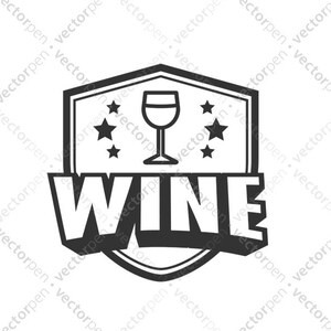 May include: Black and white logo featuring a shield shape with the word "WINE" in a bold font. The shield contains a wine glass icon and five stars.