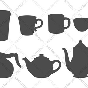 Könnte beinhalten: Silhouetten verschiedener Kaffee- und Teezubereitungsgeräte, darunter eine Kaffeekanne, eine Teekanne, eine Tasse, eine Tasse und ein To-Go-Becher.