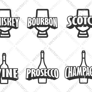 May include: Black and white line art illustrations of six different types of alcoholic beverages: whiskey, bourbon, scotch, wine, prosecco, and champagne.