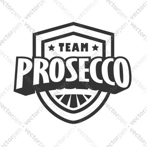 May include: Black and white logo design featuring a shield shape with the text "TEAM PROSECCO" in a bold, stylised font.