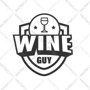 May include: Black and white logo with a shield shape and the text "WINE GUY" inside. A wine glass icon is above the text.