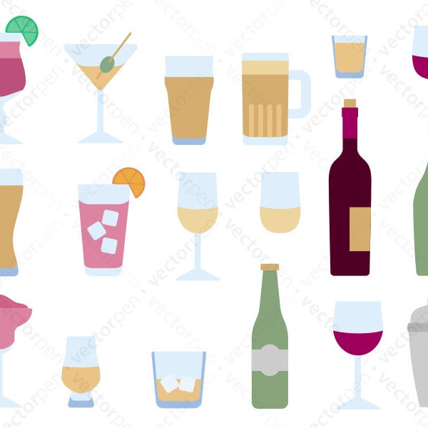 Alcohol and Beer SVG Color Icon Set. 18 glassware, cocktails, and drink icons such as wine, Old Fashioned, beer, etc. Digital Download