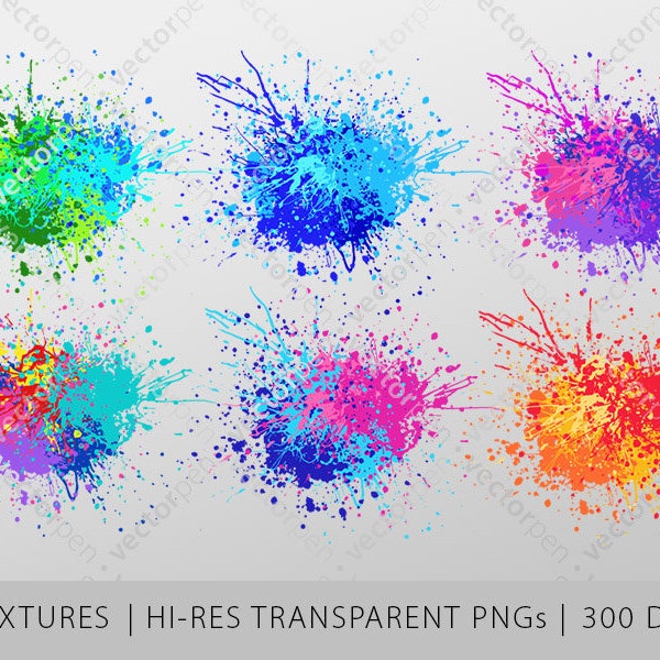 Colorful Transparent Paint Splatter PNG Texture Pack | Sublimation or Printing Background Artwork | 6 High Quality PNGs | Digital Download