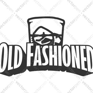 May include: Black and white illustration of a glass of ice with the text "Old Fashioned" underneath.