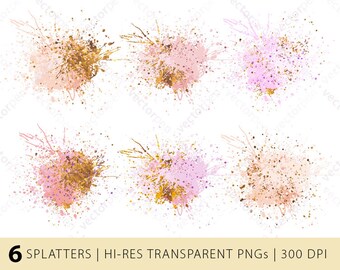 Pink and Gold Foil Paint Splatter PNG Texture Pack / Sublimazione o stampa di grafica di sfondo / 6 PNG di alta qualità / Download digitale