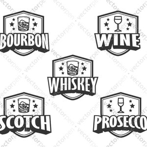May include: Black and white illustrations of five different types of alcoholic beverages: Bourbon, Wine, Whiskey, Scotch, and Prosecco. Each illustration features a glass of the beverage and the name of the drink in a bold, stylised font.