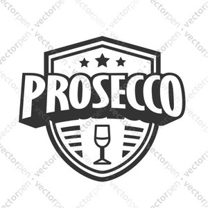 May include: Black and white logo featuring the word "PROSECCO" in a bold font. The logo includes a shield with three stars and a wine glass inside.