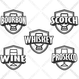 May include: Black and white illustrations of five different types of alcoholic beverages: Bourbon, Scotch, Whiskey, Wine, and Prosecco. Each illustration features a shield-shaped design with a stylised glass of the beverage.