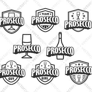 May include: A selection of black and white Prosecco logos. The designs feature shields, wine glasses, and bottles, with the word "Prosecco" in bold lettering. Some logos include the words "Team", "Guy", and "Girl".