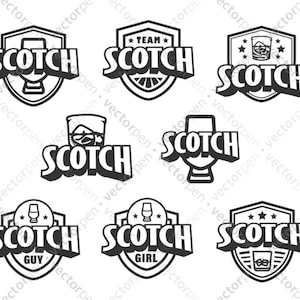 Scotch Team Badges Icon Collection | Custom Whiskey Clip art in 8 styles of patches | Scrapbooking, designs, art, etc | Digital Download