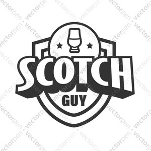 May include: Black and white logo with a shield shape and the text "SCOTCH GUY" inside. A small image of a glass of scotch is above the text.