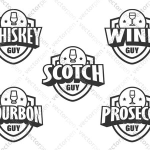 May include: Five black and white logo designs for different types of alcohol. Each logo features a shield with a glass of alcohol, stars, and the text "GUY" below the name of the alcohol. The logos are for whiskey, wine, scotch, bourbon, and prosecco.