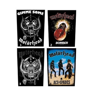 May include: Four different Motörhead band posters. The first poster features a black and white image of the band's mascot, a war pig, with the text "Gimme Some Motörhead". The second poster features a red and black image of a bomb with the text "Motörhead Bomber". The third poster features a black and white image of the band's mascot, a war pig, with the text "Motörhead". The fourth poster features a color image of the band members with the text "Motörhead Ace of Spades".