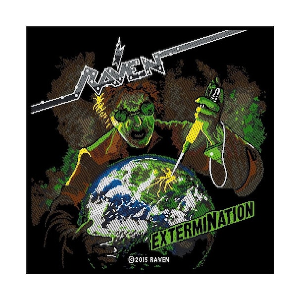 RAVEN 'Extermination' sew on official woven patch. English heavy metal band. Exclusive to Red Moon Sales