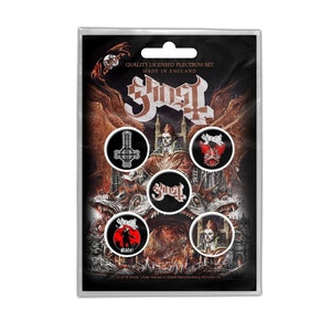 GHOST  set of  5  button badges, shrinkwrapped  with a backing card.  Official product.
