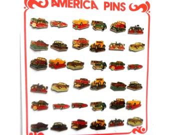 AMERICA  PINS vintage set of 36 car pins, enamels. Set on a backing board.  Cars - Automobilia Corvette, Chevrolet, Mustang etc...