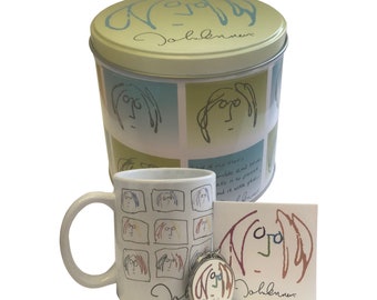 JOHN LENNON  theme mug, tin container, and logo key chain set, tin container with lid