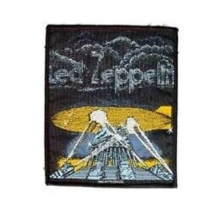 May include: Black embroidered patch with the text "Led Zeppelin" and a graphic of a blimp with a building underneath.