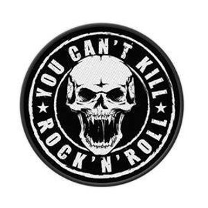 May include: Black and white embroidered patch with a skull and the text "You Can't Kill Rock 'n' Roll".