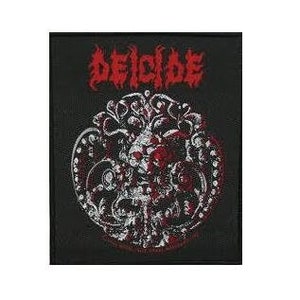May include: Black and red embroidered patch featuring the word "Deicide" in a stylised font and a skull with wings within a circle.