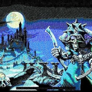May include: A blue and green fantasy illustration of a skeletal figure wearing a hooded cloak and holding a sword. The figure stands in front of a dark, moonlit city.