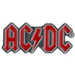 May include: A silver metal pin with the red letters AC/DC in a bold, blocky font.