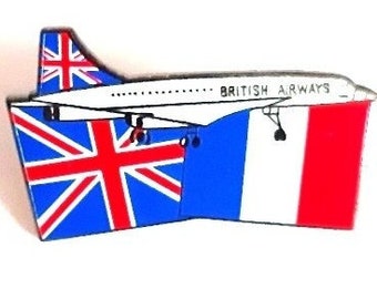 Concorde vintage enamel pin, British Airways badge made in Paris .  With British and French flags.