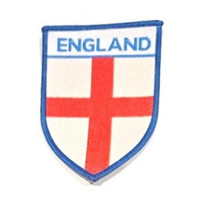 England ' St George Cross' patch,  woven, shield shape with blue stitched border.