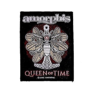 May include: Black patch featuring the band name "amorphis" above a detailed insect design with a hammer symbol. The text "QUEEN of TIME" is below the image, with the copyright notice "© 2015 AMORPHIS".